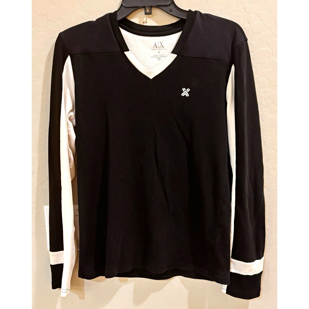 Armani Exchange Womens Medium Long Sleeve V Neck Colorblock Shirt Black White